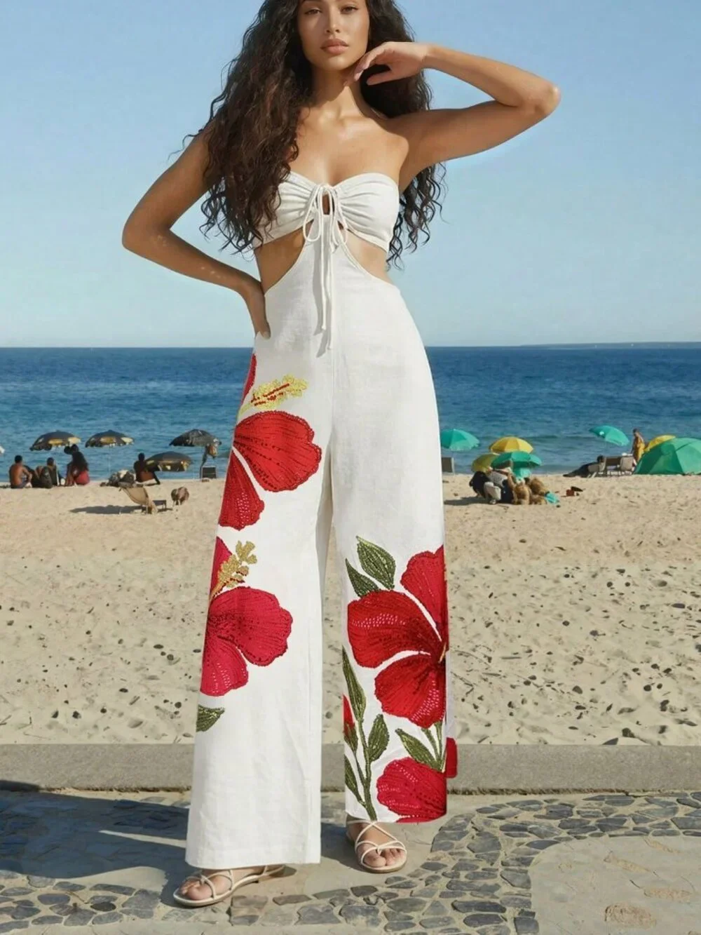 Boho Women's Floral  Tie Front Hollow Outw waist Bandeau Wide Leg Jumpsuit